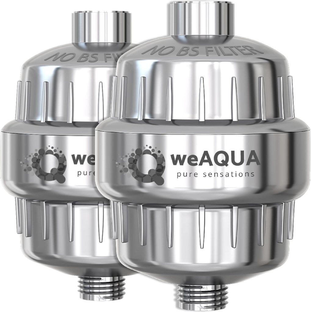 Two sleek silver water filters from weAQUA, labeled 'NO BS FILTER' and 'pure sensations'.