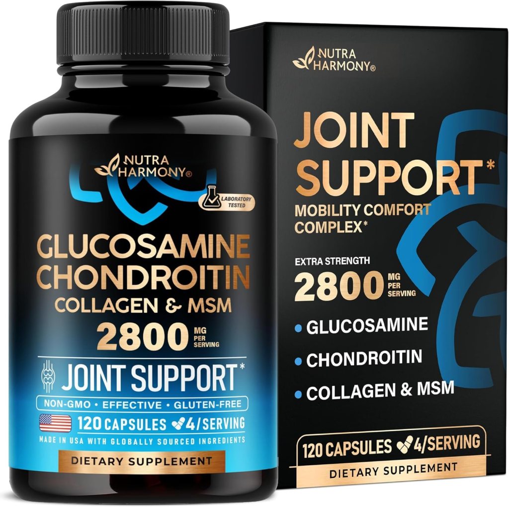 A bottle of Nutra Harmony glucosamine chondroitin supplement with a black box labeled 'Joint Support' next to it, featuring details on ingredients and serving size.