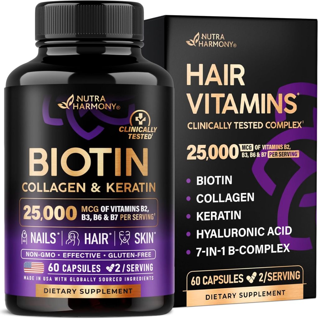 A black dietary supplement bottle labeled 'Biotin Collagen & Keratin' containing '25,000 MCG of Vitamins B2, B3, B6 & B7 per serving' alongside a box labeled 'Hair Vitamins' highlighting key ingredients.