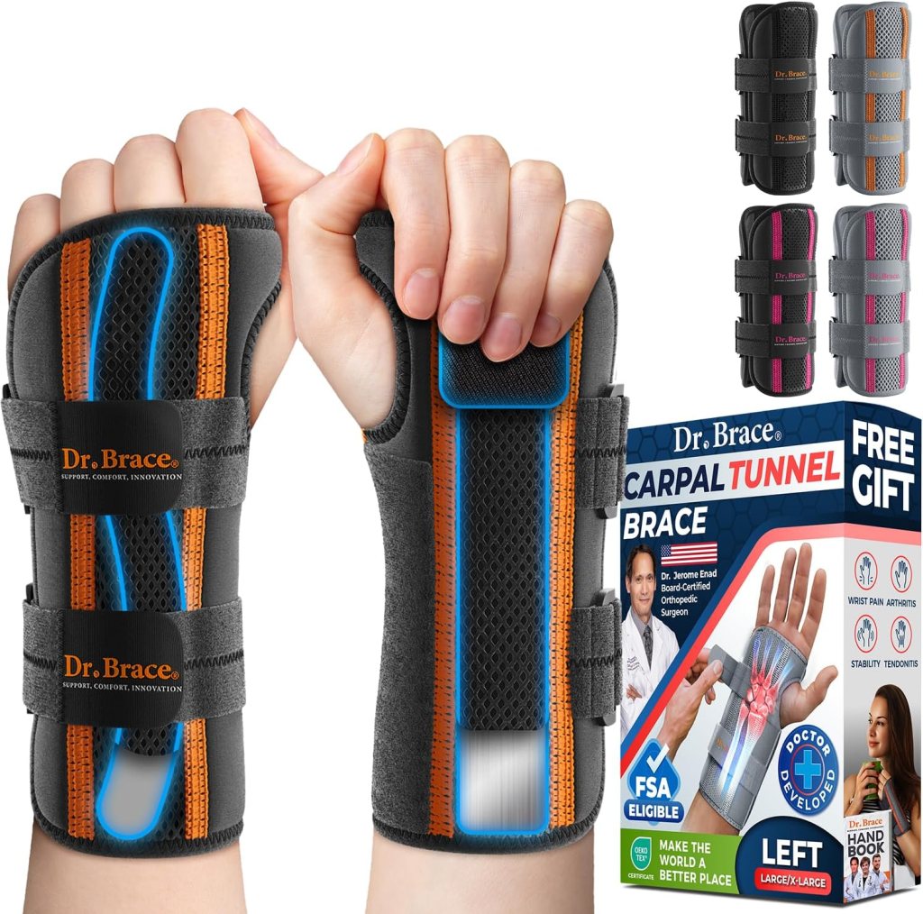 A person wearing a Dr. Brace carpal tunnel brace on their left wrist, showcasing its ergonomic design and adjustable straps, with a product box displaying features and a free gift offer in the background.