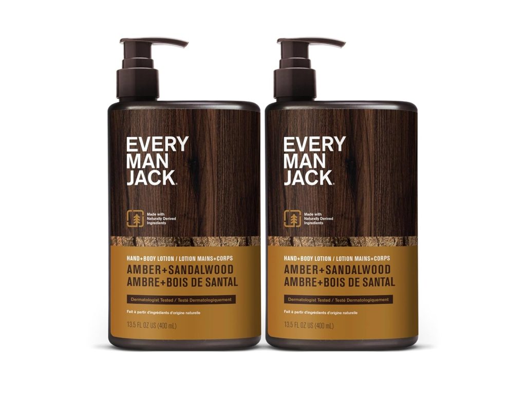 Two bottles of Every Man Jack hand and body lotion in Amber + Sandalwood scent, each 13.5 fl oz (400 ml).