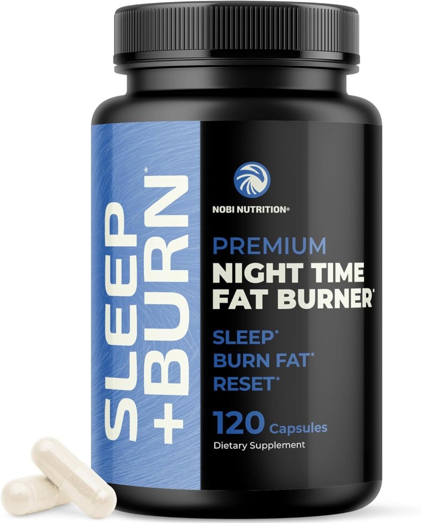 A black bottle labeled 'NOBI NUTRITION PREMIUM NIGHT TIME FAT BURNER' with a blue and white design, containing 120 capsules, alongside two white capsules.