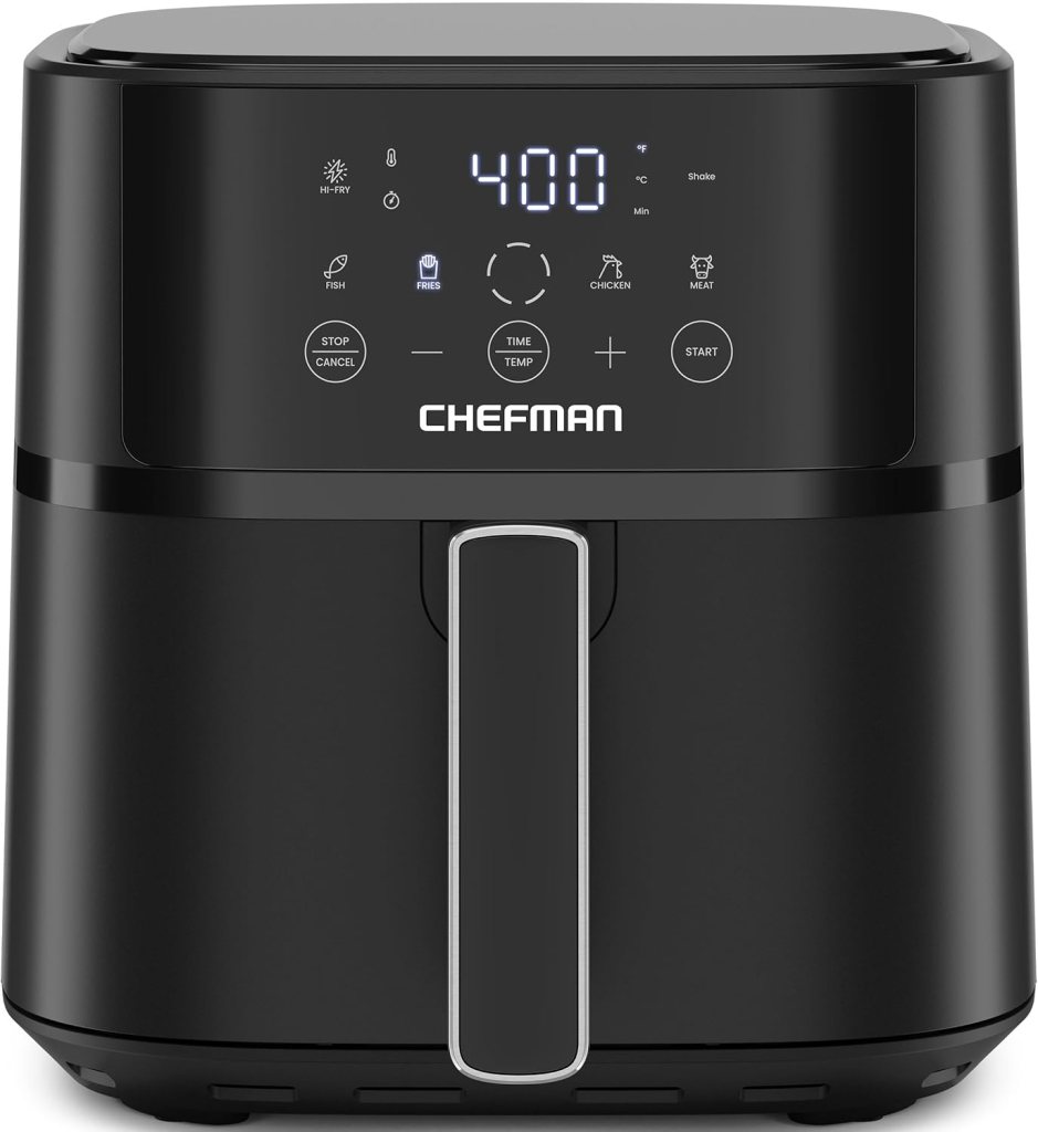 A black air fryer with a digital display showing the temperature set at 400 degrees. It has buttons for various cooking options such as fish, fries, chicken, and meat, along with a time and temperature setting.