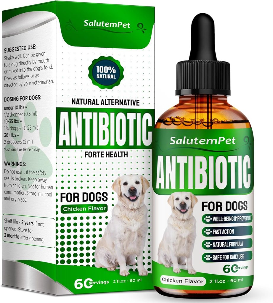 Natural alternative antibiotic for dogs in a chicken flavor, packaged in a dropper bottle with a green and white box design, featuring a Labrador Retriever on the label.