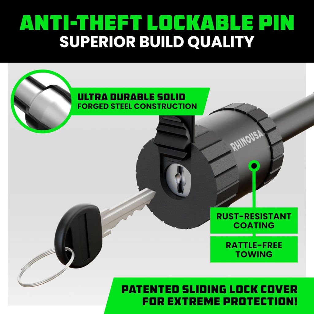 Image of an anti-theft lockable pin showcasing superior build quality with features including ultra-durable forged steel construction, rust-resistant coating, and rattle-free towing. A key is visible next to the lock.