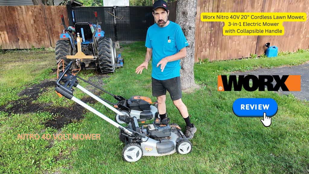 A man standing next to a Worx Nitro 40V cordless lawn mower in a grassy yard, showcasing the 3-in-1 electric mower with a collapsible handle.